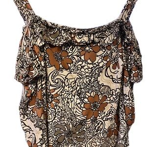 Manuhealii Floral Ruffled 3/4 sleeve top in Cream, Brown & Gray
